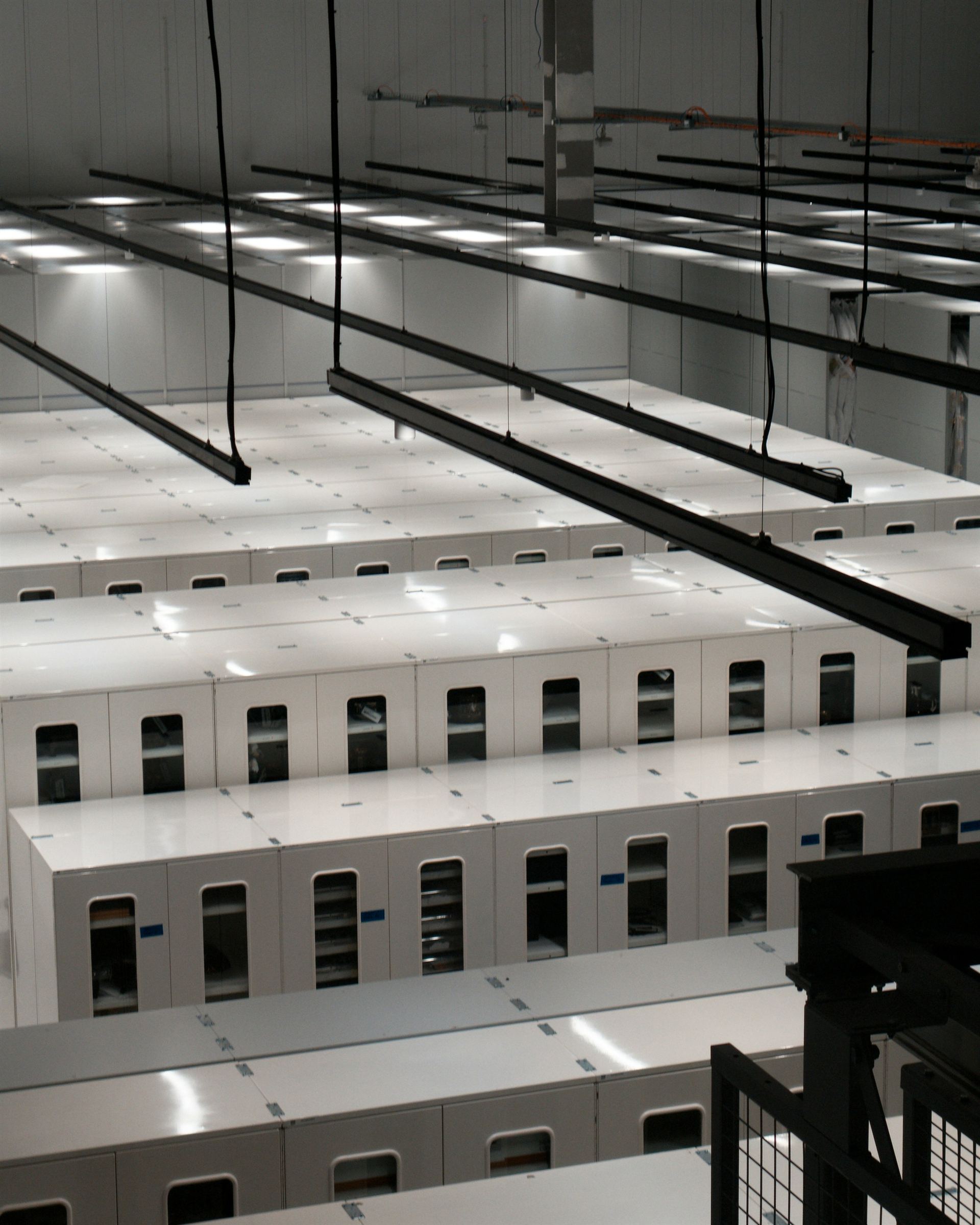 Modern data center with rows of server cabinets