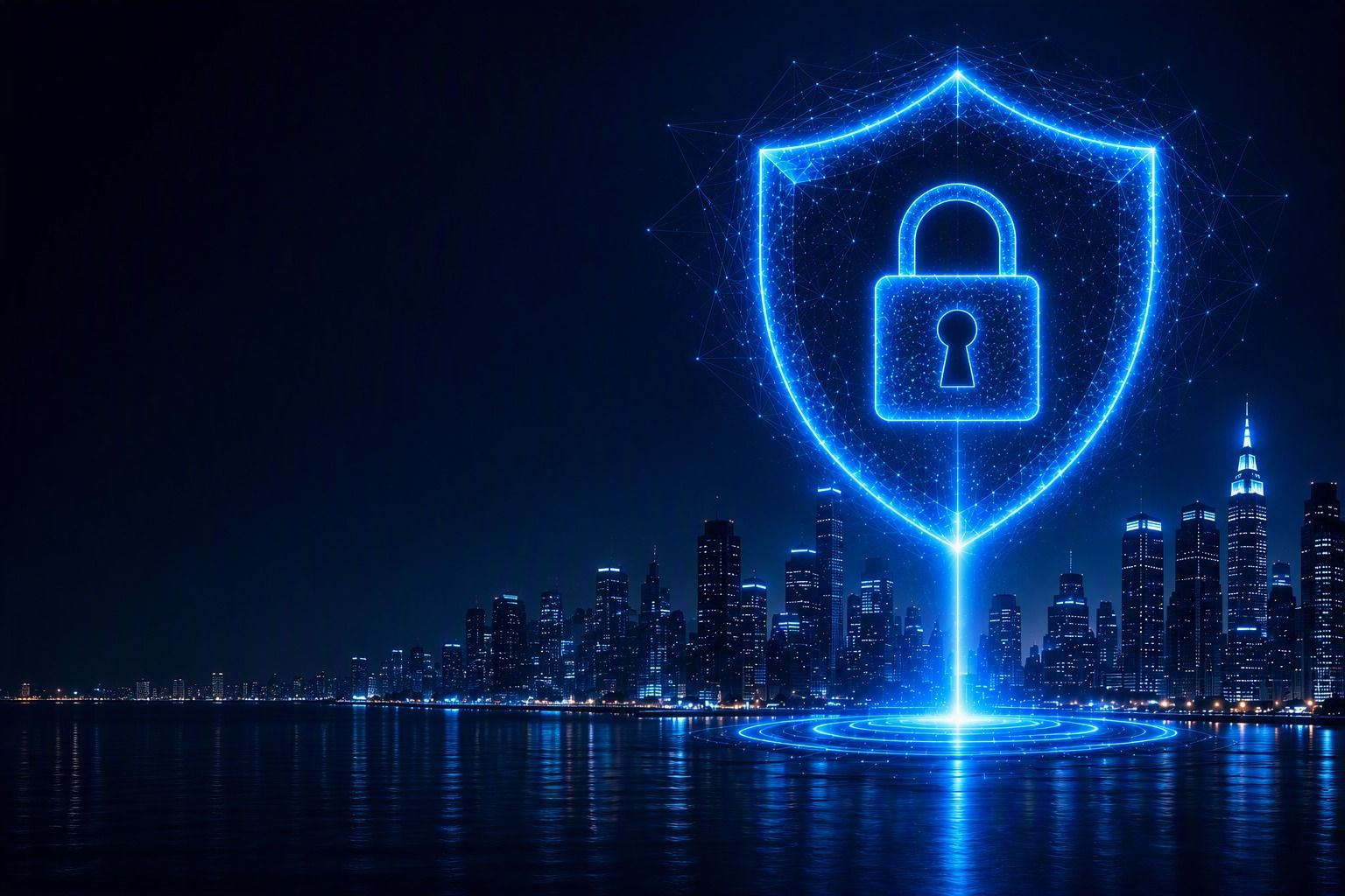Illuminated digital shield and padlock rising above a city skyline at night