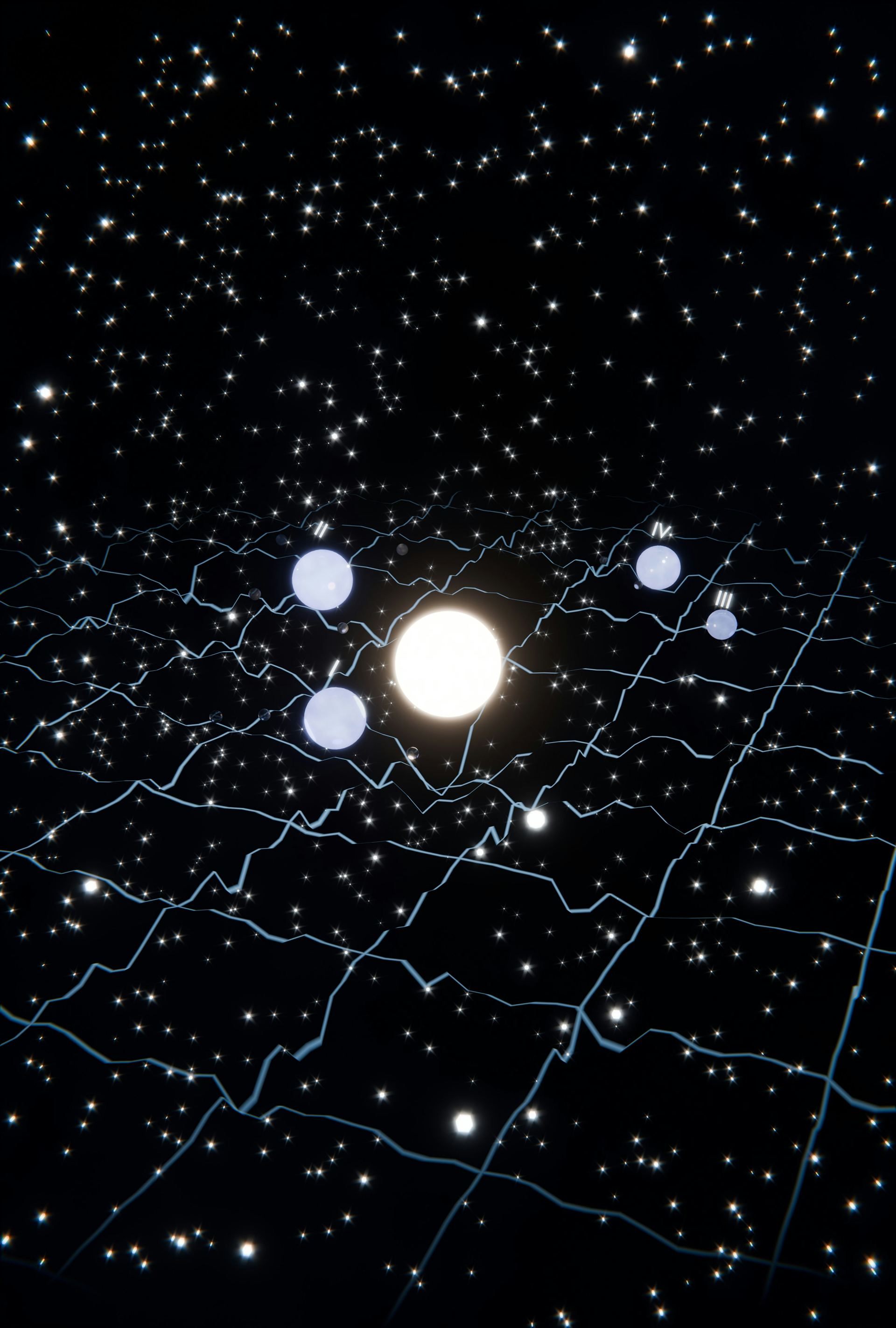 Abstract illustration of a quantum spacetime grid with orbiting nodes