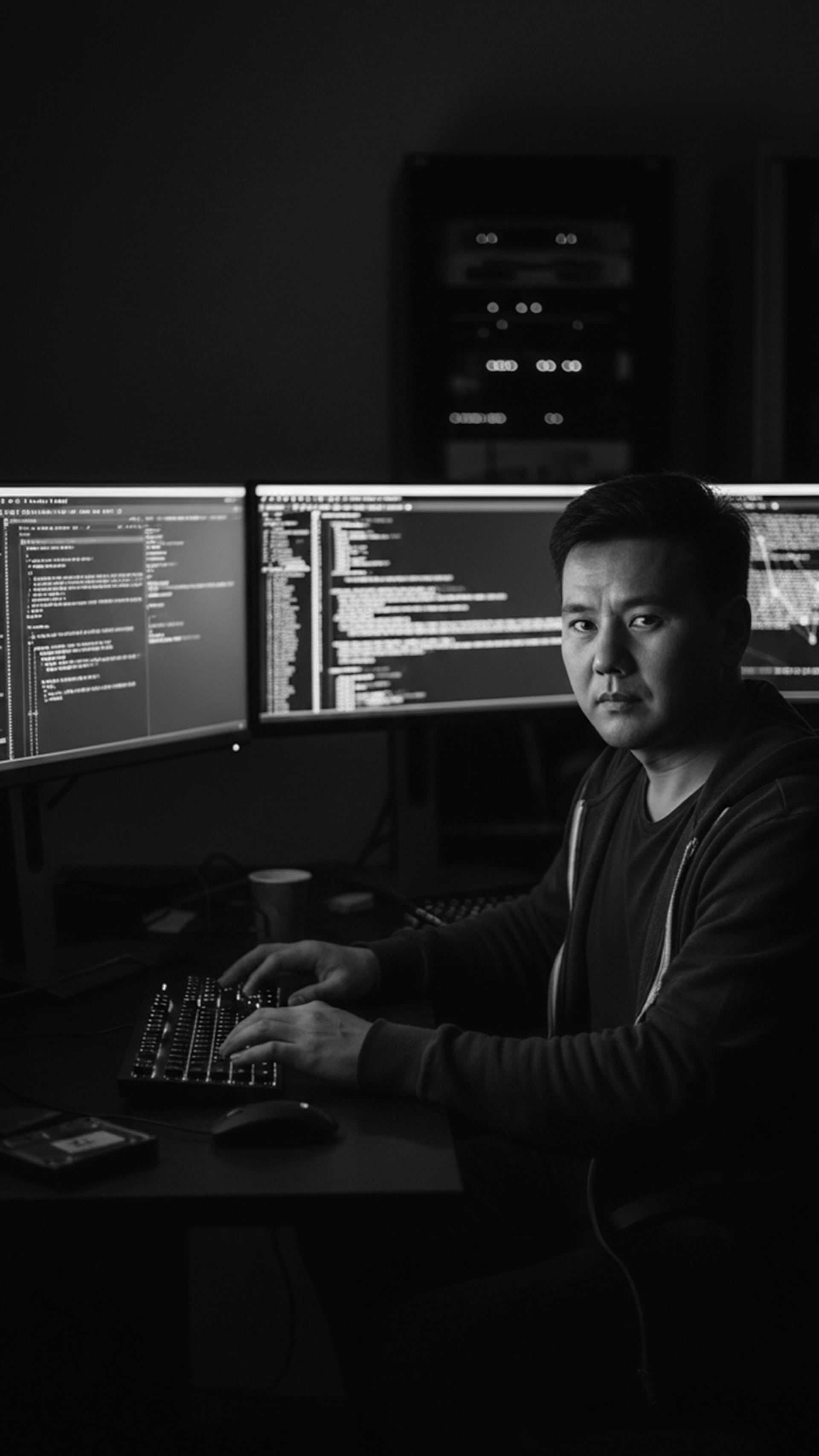 Security analyst monitoring multiple screens of code and alerts
